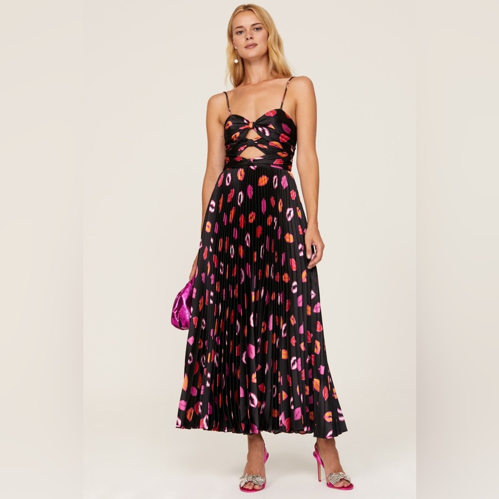 AMUR Afra Pleated Black Bisou Pink Red Lips Lip Kisses Midi Dress - Size 12